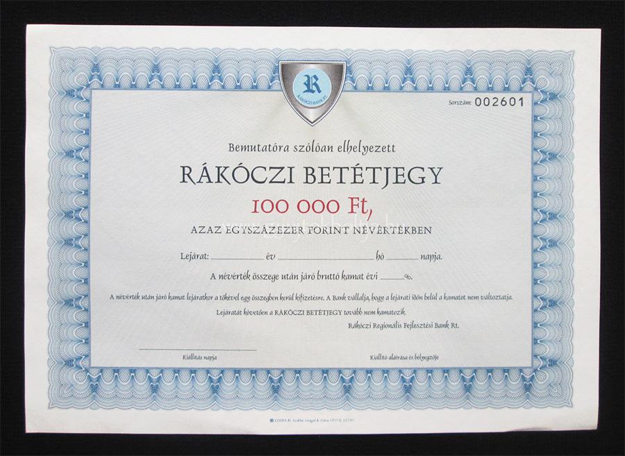 R�k�czi Bet�tjegy 100000 forint /1997/